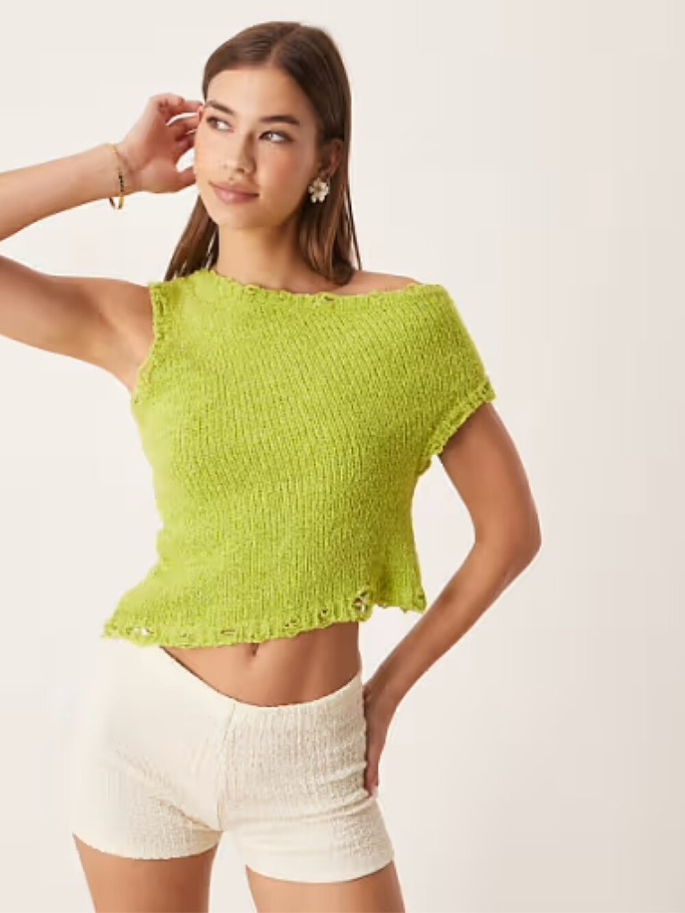 Green Chartreuse One Shoulder Knit Sub Yarn Distressed Unique Top S/M
